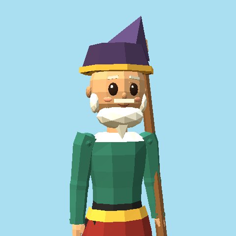 Guru: an old silat teacher with a white beard, a tall purple headcloth, a green top and a red sarong, holding a staff.