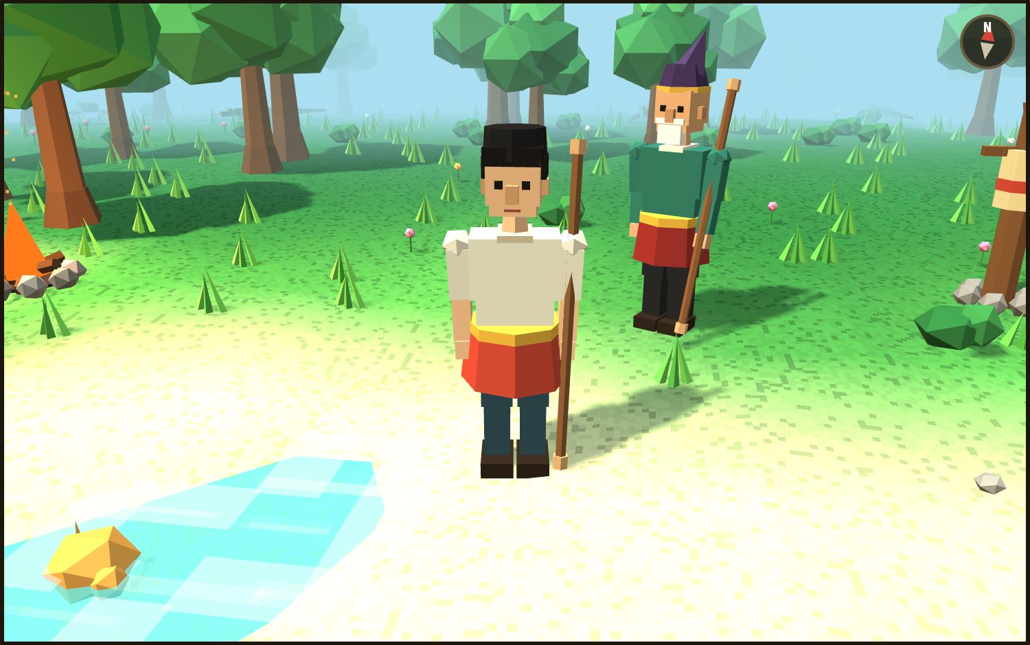 The player character seen from the front, with a visible neck, shoulders and jaw, holding a staff, with Guru behind.