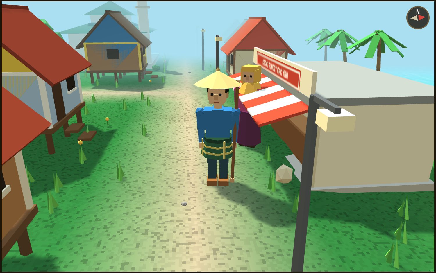 The player on the village road in a conical straw hat, a blue baju Melayu and a green checked sarong, beside Kak Yah in front of her shop's red and white awning.