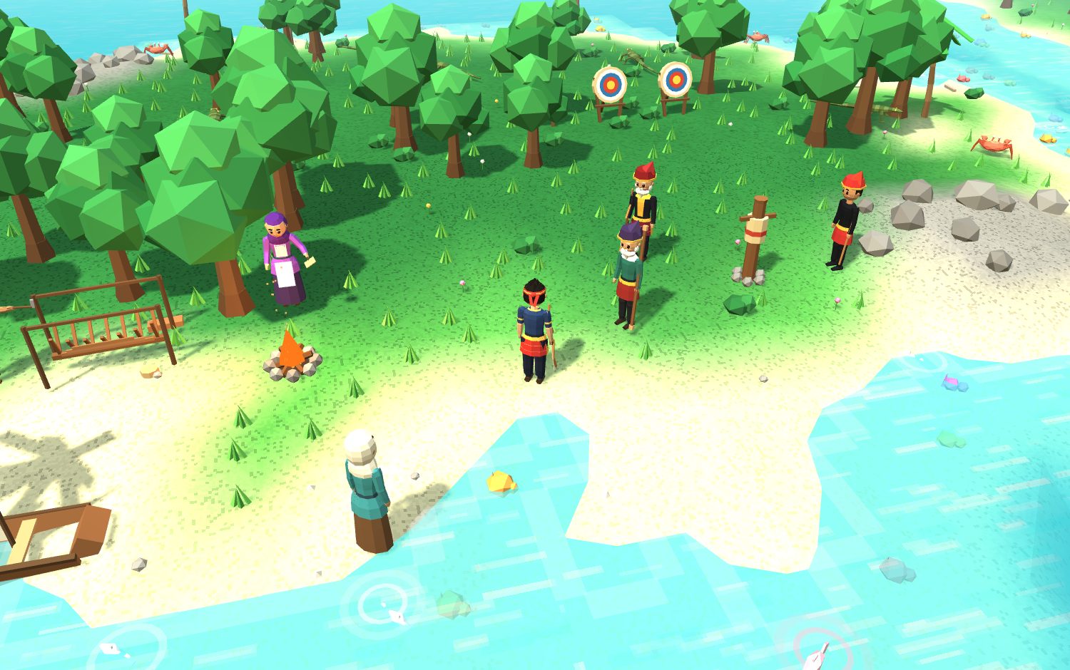 Low-poly 3D view of the training beach on Perhentian Island: the player on the sand, Mak Jah in purple by the campfire, Guru and Tok Ali near the training post, Abang Zul by the rocks, Mak Long Esah at the water's edge, the boatyard, crabs on the shore and two archery targets beyond the trees.