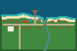 The in-game map of chapter 2: a coastline with a jetty, a main road, houses and a river.