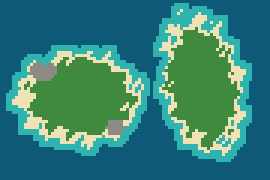 The in-game map of chapter 1: two islands ringed by shallows and sand.