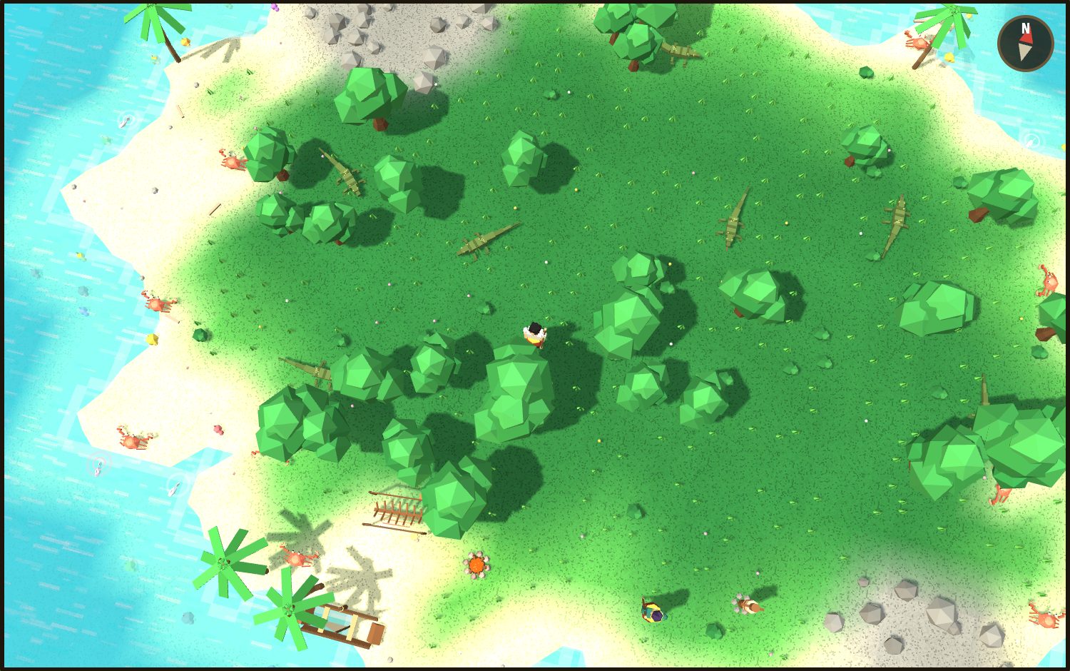 The training island seen from high above: a jungle of low-poly trees, a sand beach with palms, a rock outcrop, crabs, and bright shallows around the shore.