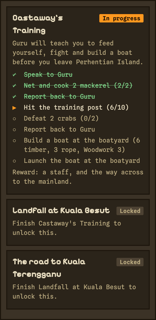The in-game Quests tab: Castaway's Training in progress with three steps ticked and 'Hit the training post (6/10)' active; later quests locked below it.