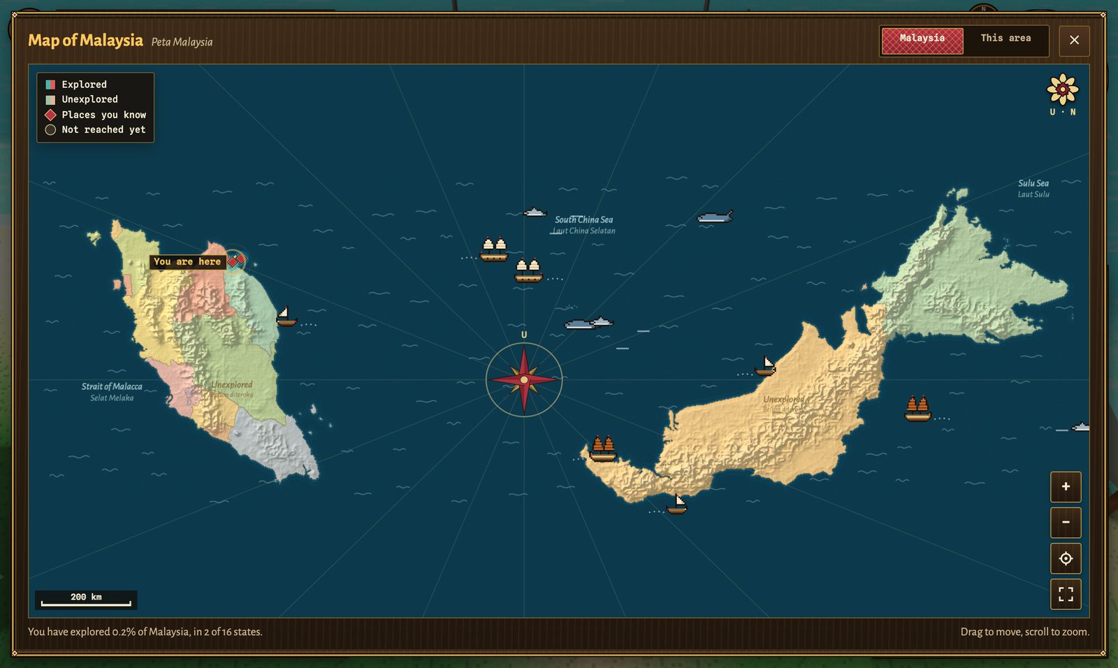 The map of Malaysia drawn like an old atlas: the peninsula's states in pale yellow, pink, green, teal and grey, Sarawak in pale orange and Sabah in pale green, all shaded with mountain relief; a red and brass compass rose with rhumb lines in the South China Sea; squiggly waves; and small pixel ships, junks, whales and dolphins scattered across the water.