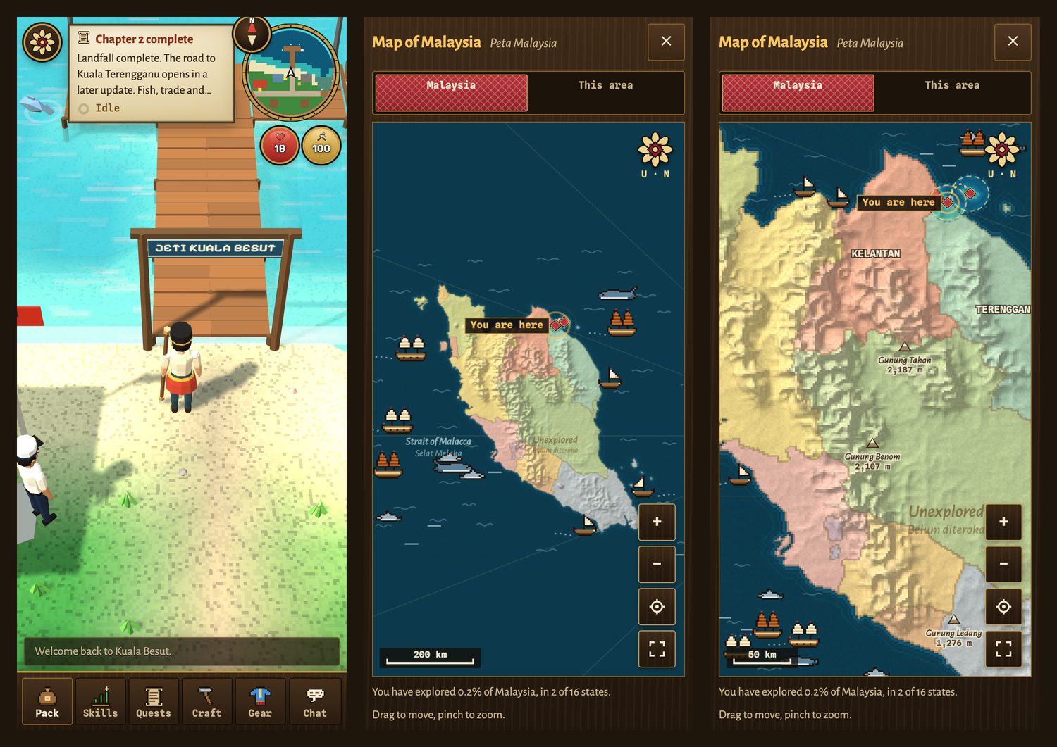 Three phone screens: the game at the Kuala Besut jetty, the atlas map of the peninsula with ships and the You are here marker, and the same map zoomed in on the coloured, shaded states of the east coast.