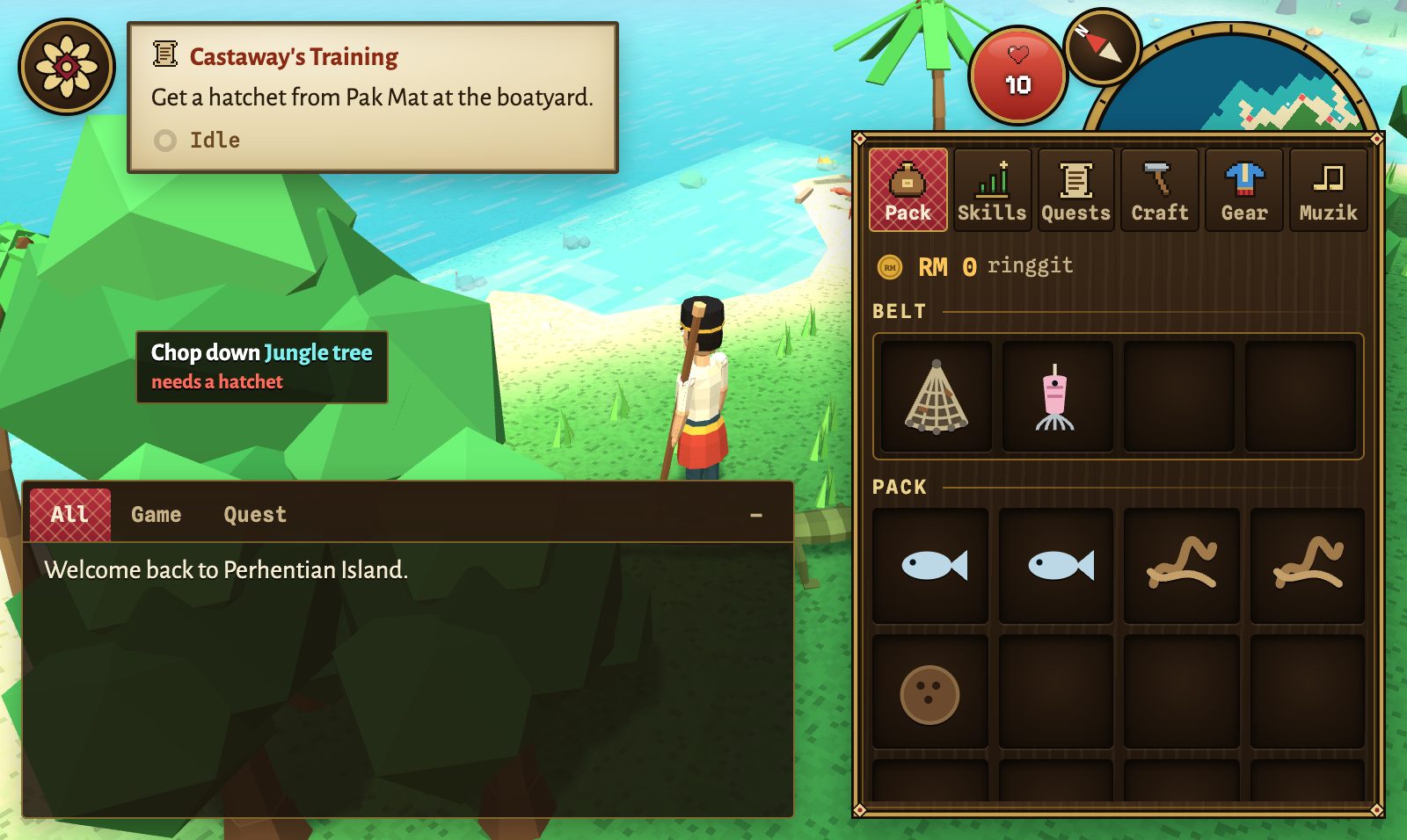 The game on Perhentian Island. The pointer is on a jungle tree, and its label reads Chop down Jungle tree, with needs a hatchet in red underneath. The quest tracker says Get a hatchet from Pak Mat at the boatyard. In the Pack tab, a belt of four slots above the pack holds an old cast net and a squid jig.