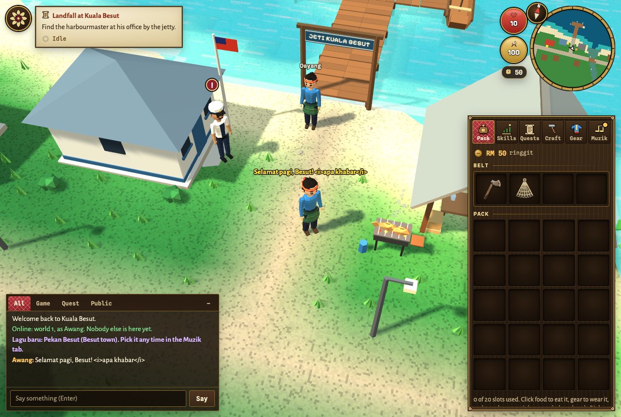 Two players at the Kuala Besut jetty. Awang stands in the middle of the beach with his words over his head, Selamat pagi, Besut, and Dayang stands under the jetty sign with her name above her. The chat shows a new Public tab, the line Online: world 1, as Awang, and a Say box at the bottom.
