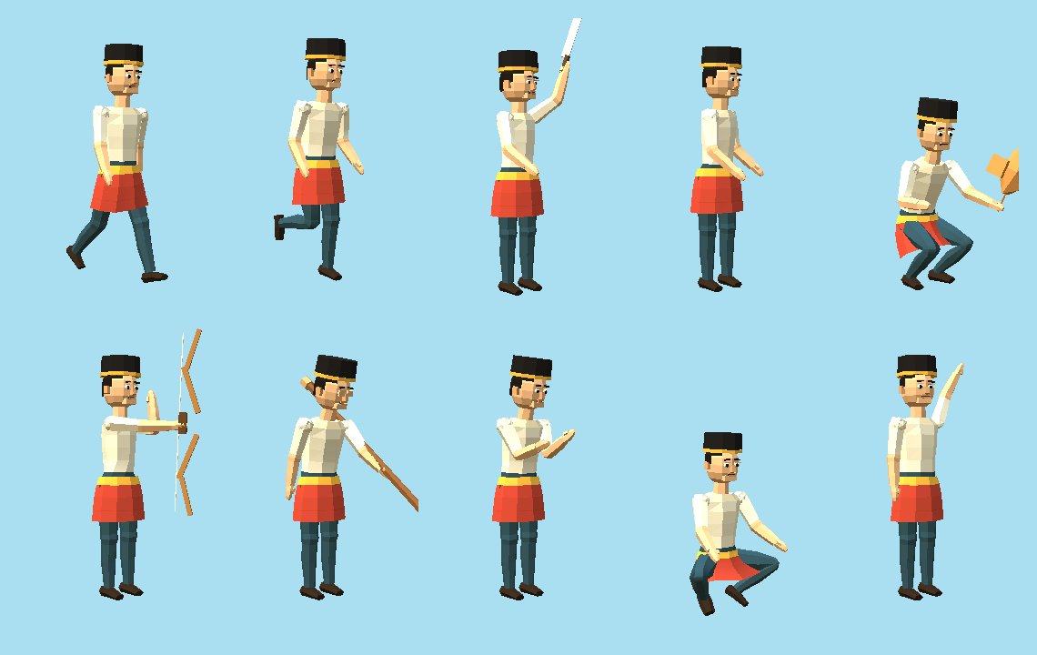 Ten poses of the player against a pale blue background, in two rows: walking, running, chopping with a parang, casting a net, squatting to cook with a skewer, drawing a bow, striking with a staff, giving a salam, sitting cross-legged, and waving.