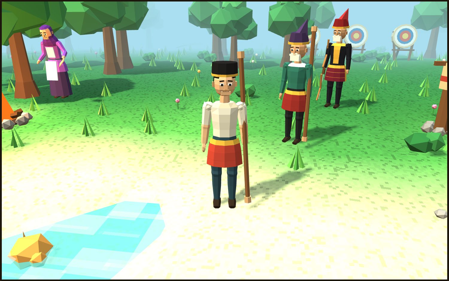 The player close up on the beach, holding a staff, with a face, hands and feet; Guru and Tok Ali stand behind by the archery targets and Mak Jah works at the fire on the left.