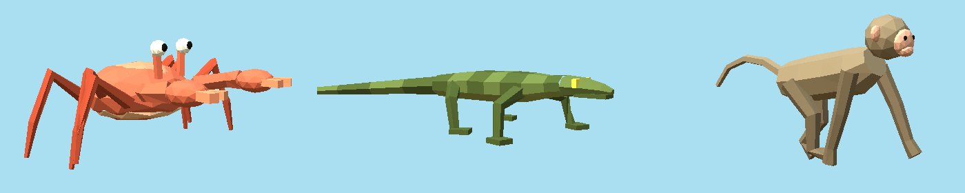 A crab mid-scuttle with its claws raised, a green banded monitor lizard mid-stride, and a long-tailed macaque walking on all fours.