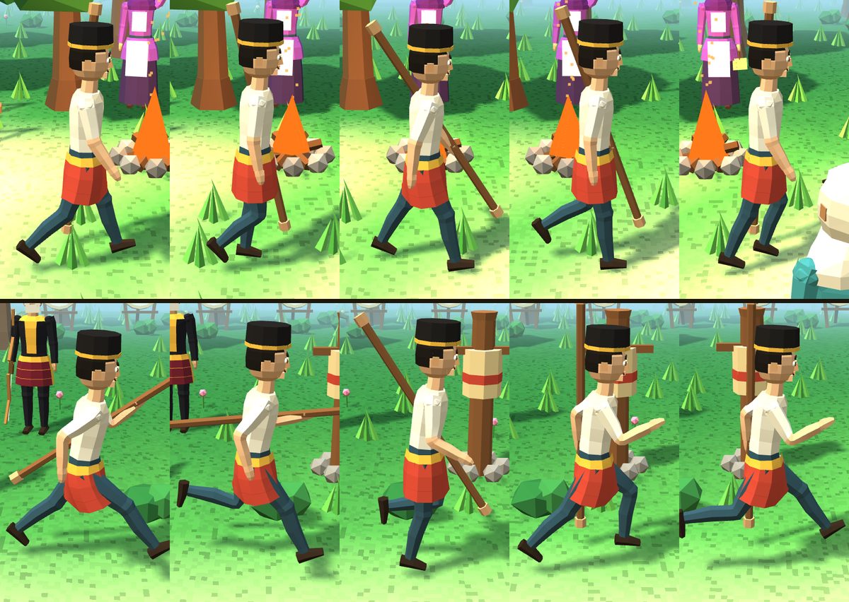 Two strips of five side-on frames each: above, the player walking past a campfire with the arms swinging gently; below, the player running across grass, leaning forward with the knees lifted high.