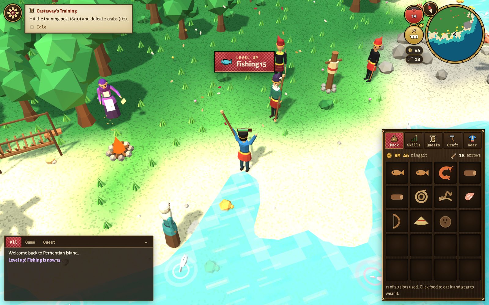 The game filling a wide window: the quest card and flower emblem top left, the round brass-ringed minimap with red health and gold run orbs top right, the chat bottom left, the Pack panel with its icon tabs bottom right, and a red songket ribbon announcing Fishing level 15 over the beach.