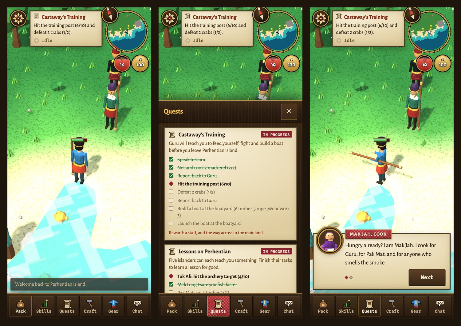 Three phone screens: the world with the quest card, minimap and orbs at the top and a one-line chat ticker above the tab bar; the Quests sheet open above the tab bar; and a conversation with Mak Jah at the bottom of the screen.