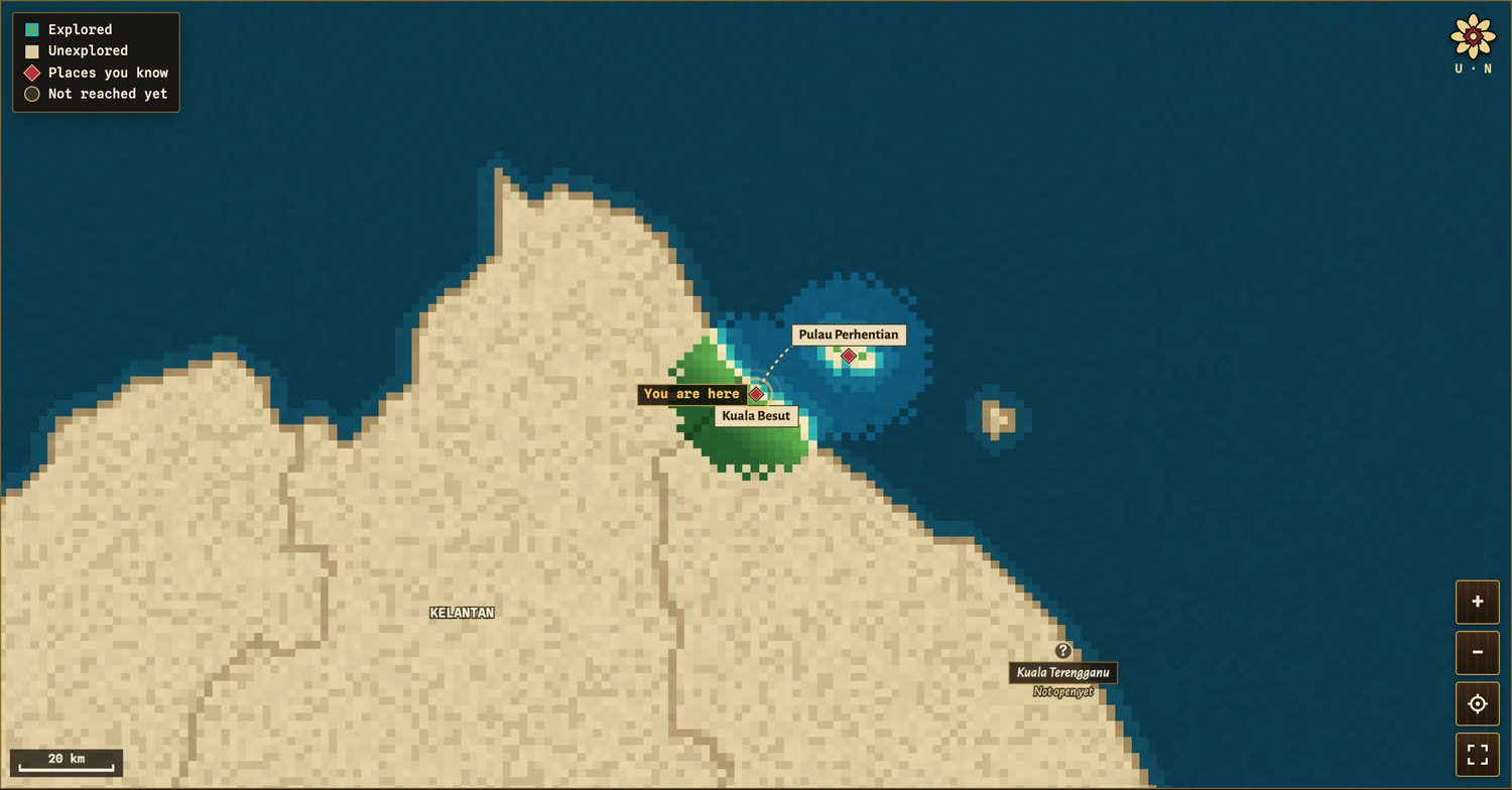 The map zoomed in on the Terengganu coast: a green circle of explored land at Kuala Besut, a lit blue circle of sea around Pulau Perhentian joined by a dotted sailing line, unexplored parchment everywhere else with Kelantan and Terengganu named, and a question-mark marker at Kuala Terengganu labelled Not open yet.