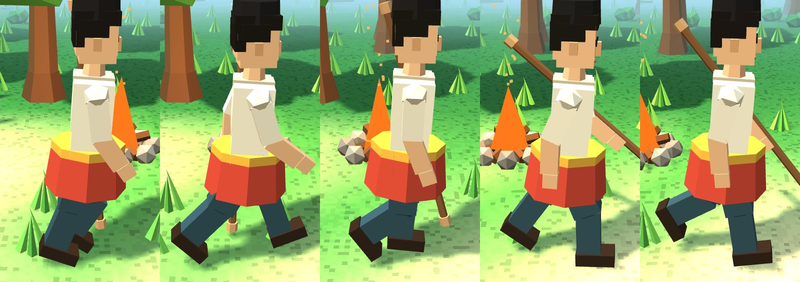 Five side-on frames of the player walking across the grass, showing the legs and arms swinging through one stride.